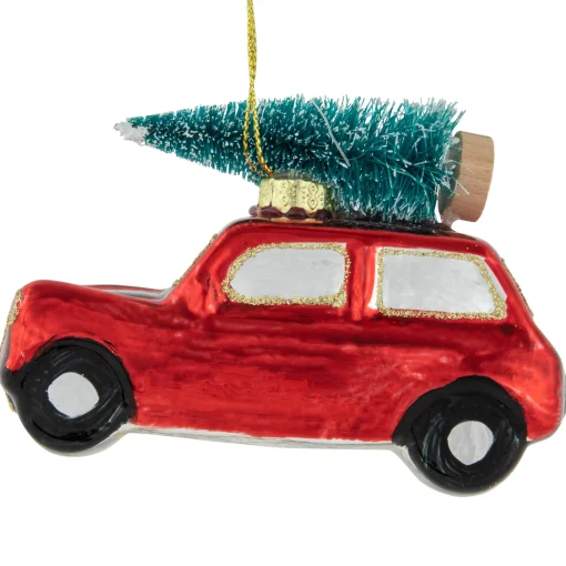 Northlight Transportation>3.5" Red Station Wagon With Tree Glass Christmas Ornament