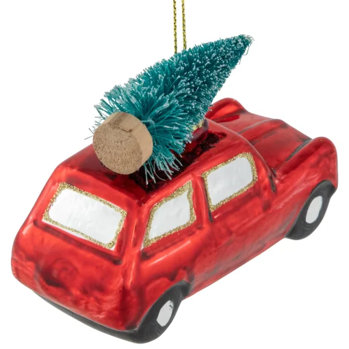 Northlight Transportation>3.5" Red Station Wagon With Tree Glass Christmas Ornament
