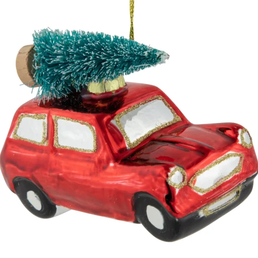Northlight Transportation>3.5" Red Station Wagon With Tree Glass Christmas Ornament