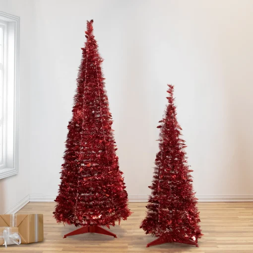 Northlight Pop Up Trees>4' Red Tinsel Pop-Up Artificial Christmas Tree, Unlit
