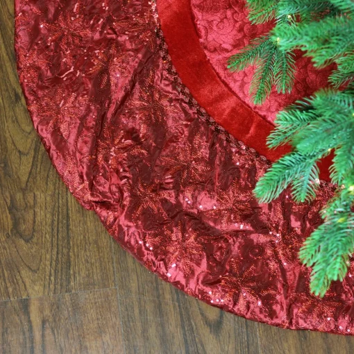 50 Inch And Larger*Northlight 60" Red Velvet Damask Sequin Embroidered Poinsettia Trimmed Scalloped Edge Christmas Tree Skirt