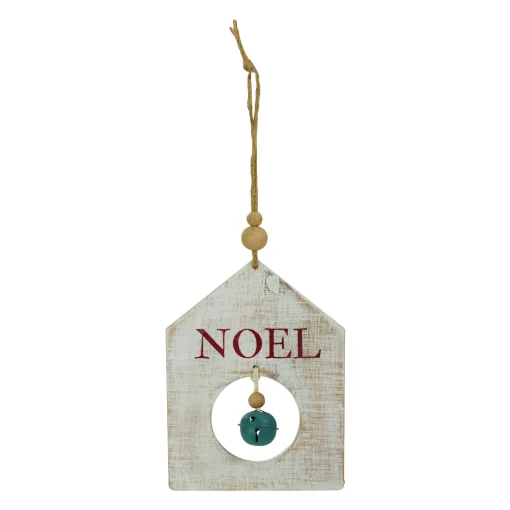 Northlight Inspirational>8" Rustic Wooden White "Noel" With Green Bell Christmas Ornament