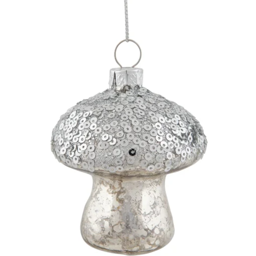 Northlight Woodland>3.5" Sequined Silver Mushroom Glass Christmas Ornament