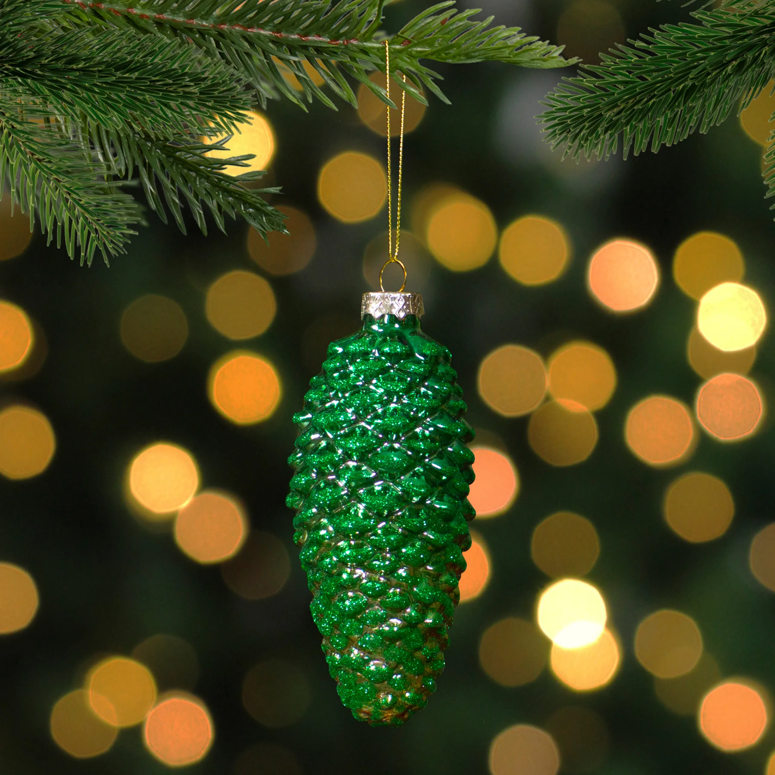 Northlight Pine Cones>5" Shiny Green And Gold Pinecone Glass Christmas Ornament