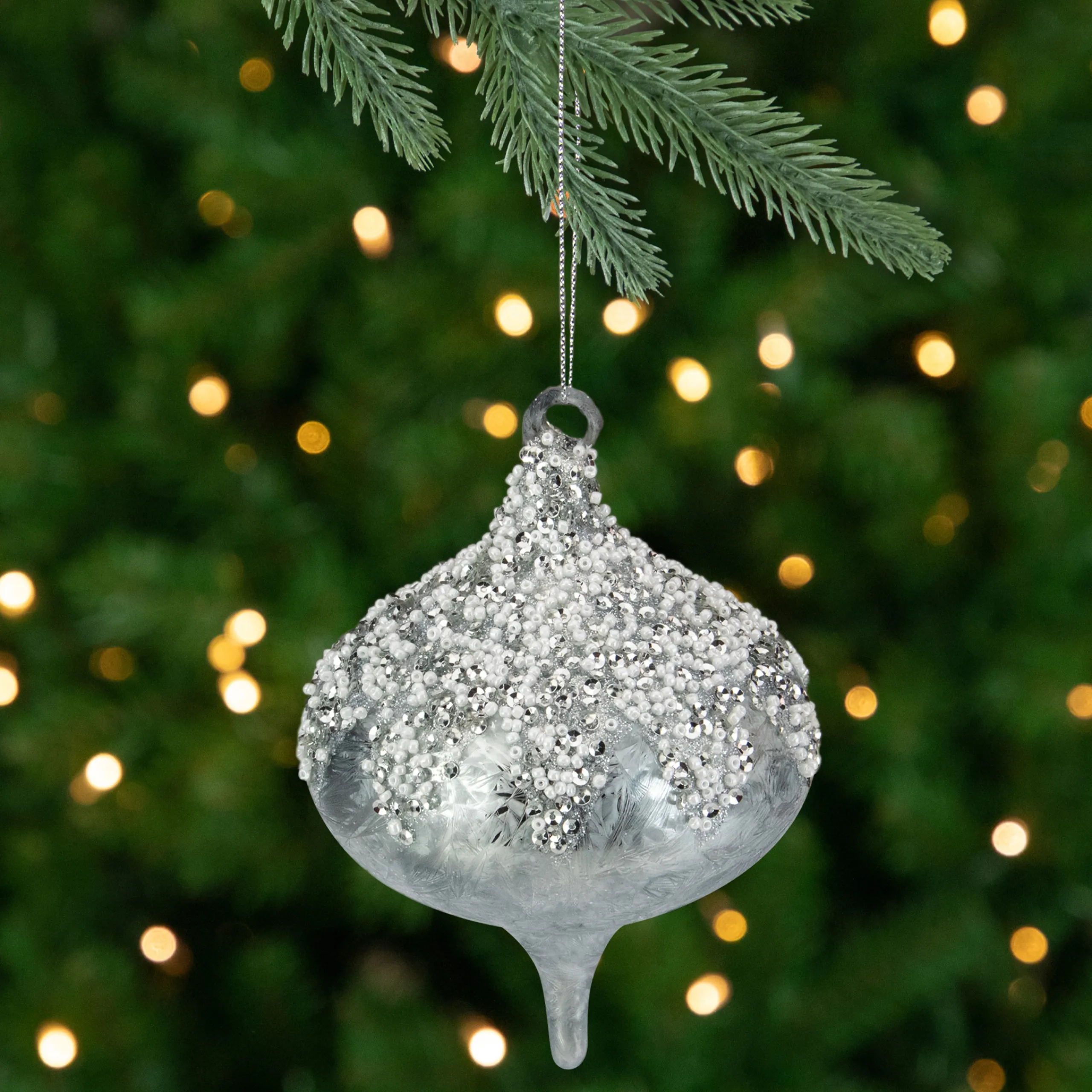 Northlight Pendants & Drops>5.25" Silver Beads And Sequins Glass Onion Christmas Ornament