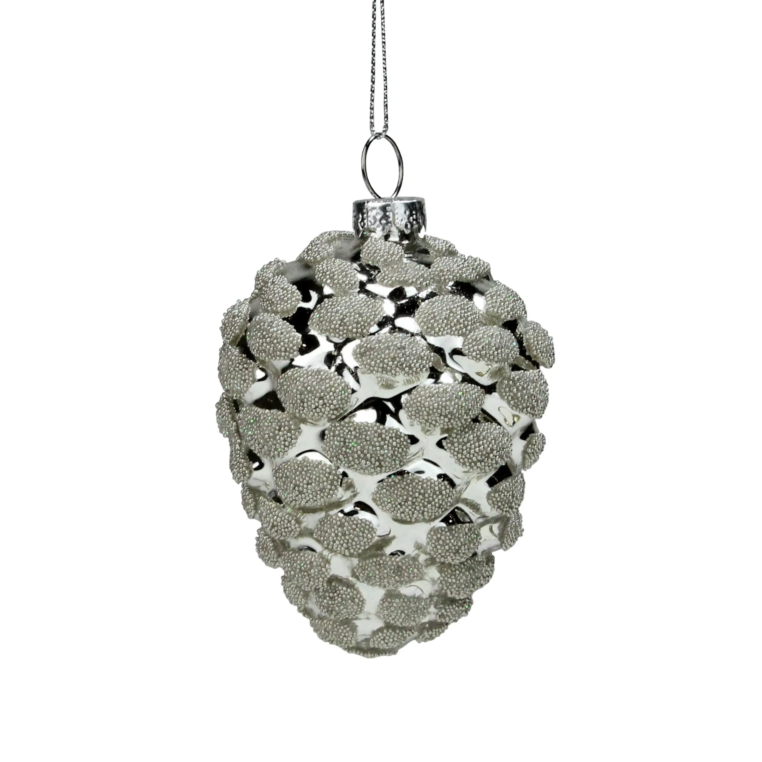 Northlight Pine Cones>3.5" Silver Glass Beaded Pine Cone Christmas Ornament