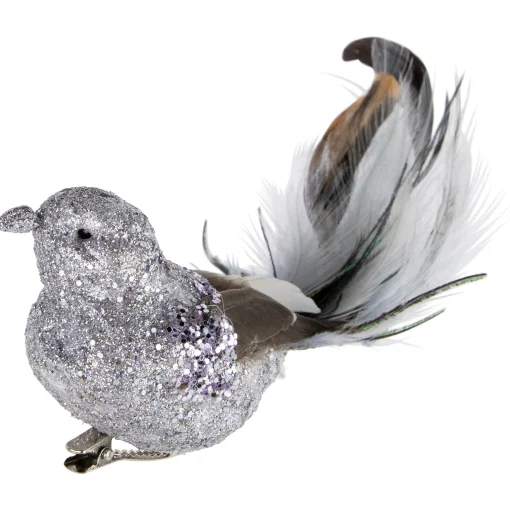 Northlight Animals>8" Silver Glitter Embellished Bird With Clip And Feathers Christmas Ornament