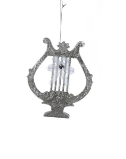 KSA Entertainment>5" Silver Glittered Lyre Harp With White Bow Musical Instrument Christmas Ornament