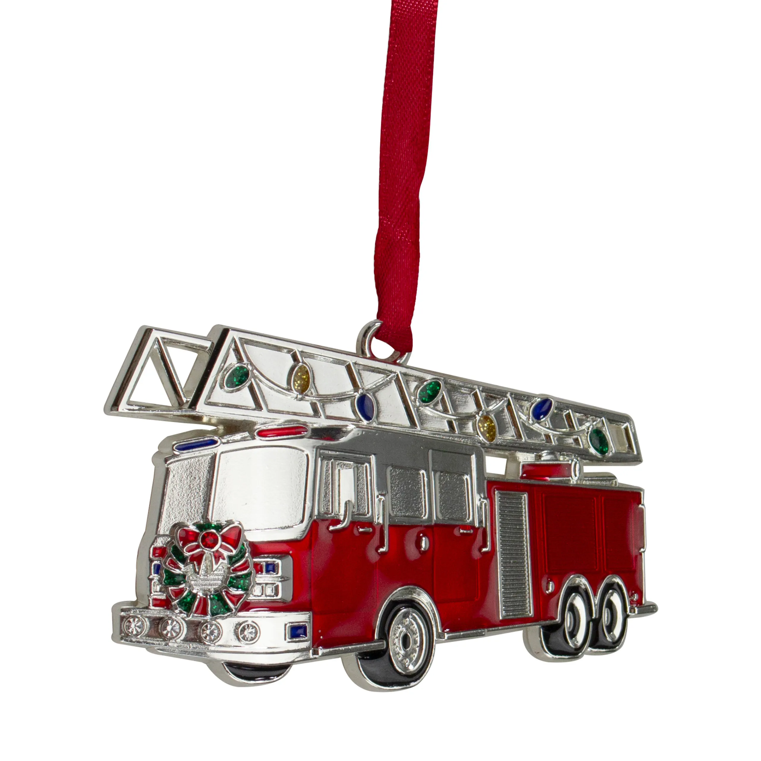 Northlight Occupations>3.5" Silver Plated Fire Truck With European Crystals Christmas Ornament