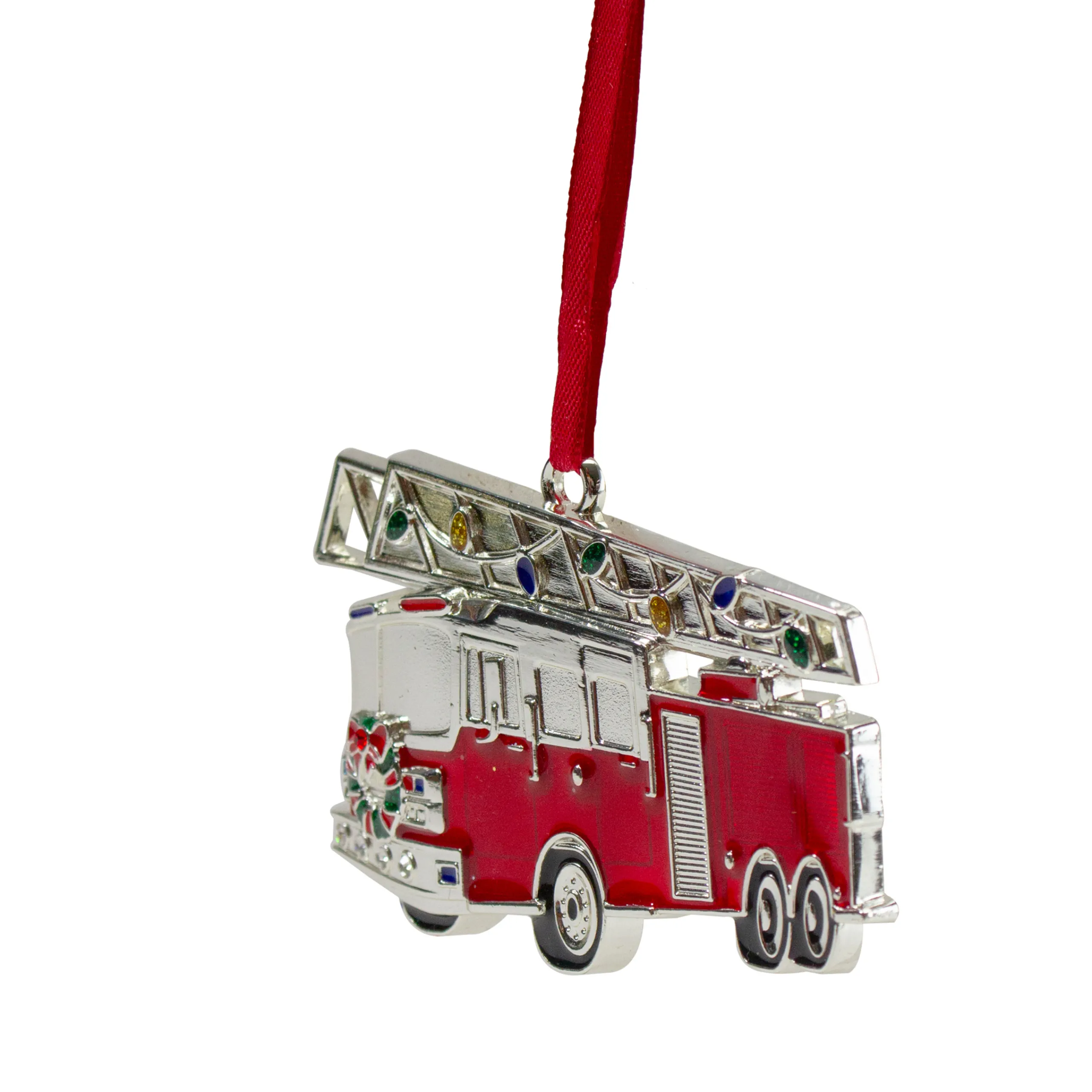 Northlight Occupations>3.5" Silver Plated Fire Truck With European Crystals Christmas Ornament