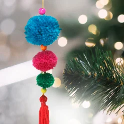 Northlight Pendants & Drops>10.25" Sky Blue And Pink Pom-Pom Hanging Christmas Ornament