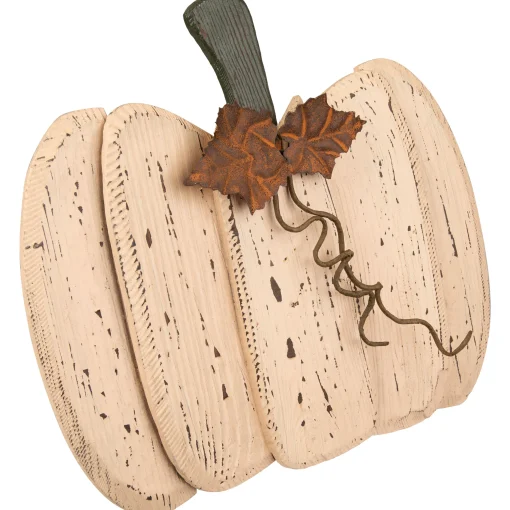 Northlight 15" Small White Wooden Fall Harvest Pumpkin With Leaves And Stem