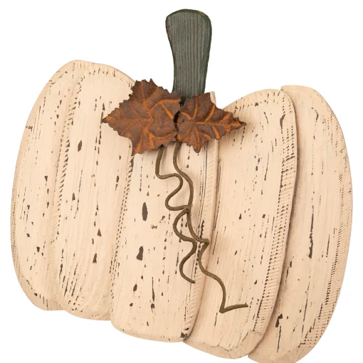 Northlight 15" Small White Wooden Fall Harvest Pumpkin With Leaves And Stem