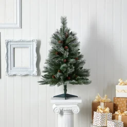 Nearly Natural 3 And 3.5 Feet Tall>3' Snowed French Pine Artificial Christmas Tree With Pinecones, Unlit
