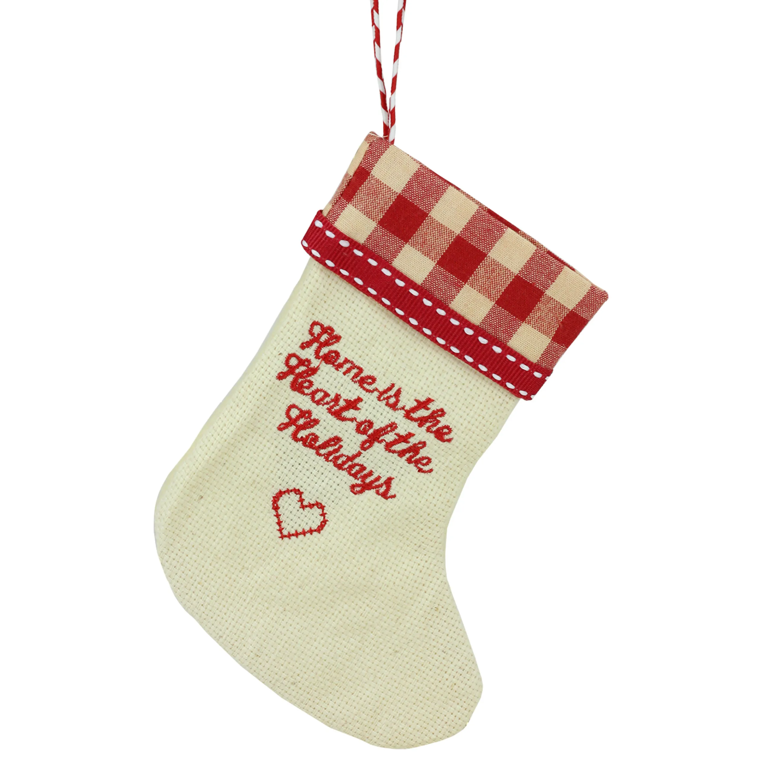Roman Stockings>6.5" Tan And Red Embroidered Heart Stocking With Gingham Cuff Christmas Ornament