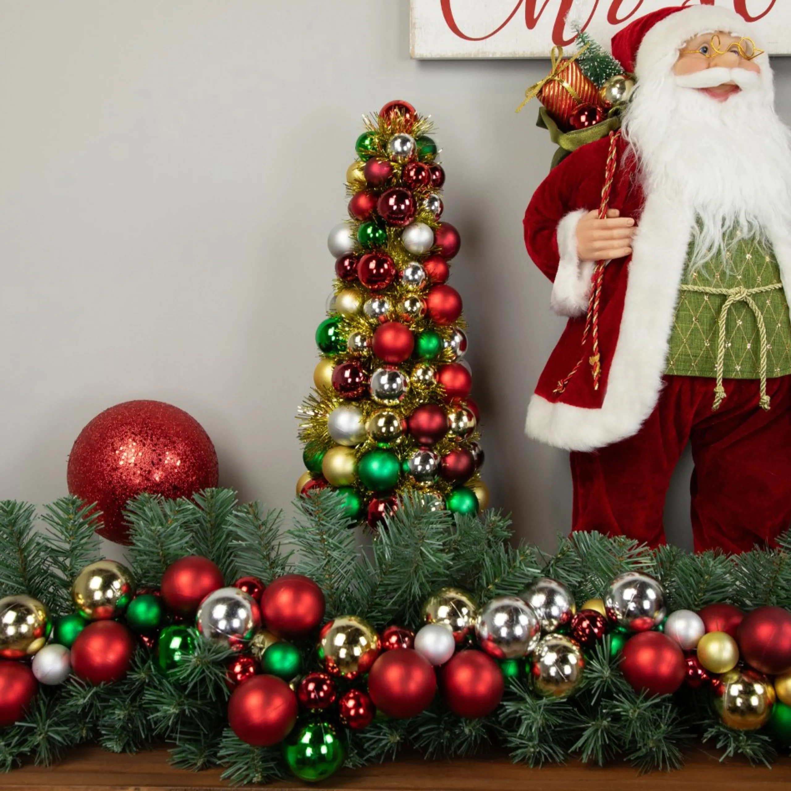 Table Top Pieces*Northlight 15.75" Traditional Colors 3-Finish Shatterproof Ball Christmas Tree With Tinsel