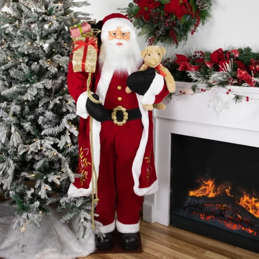 Santa Figures*Northlight 60" Traditional Santa Claus With Teddy Bear And Gift Bag Standing Christmas Figure