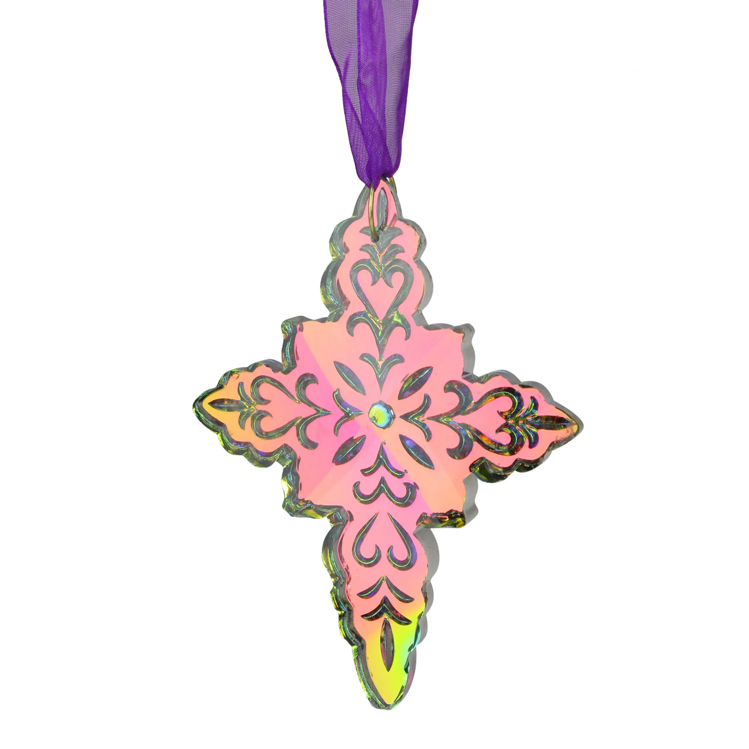 Roman Nativity & Religious>4.75" Vibrantly Colored Fumed Etched Glass Cross Christmas Ornament