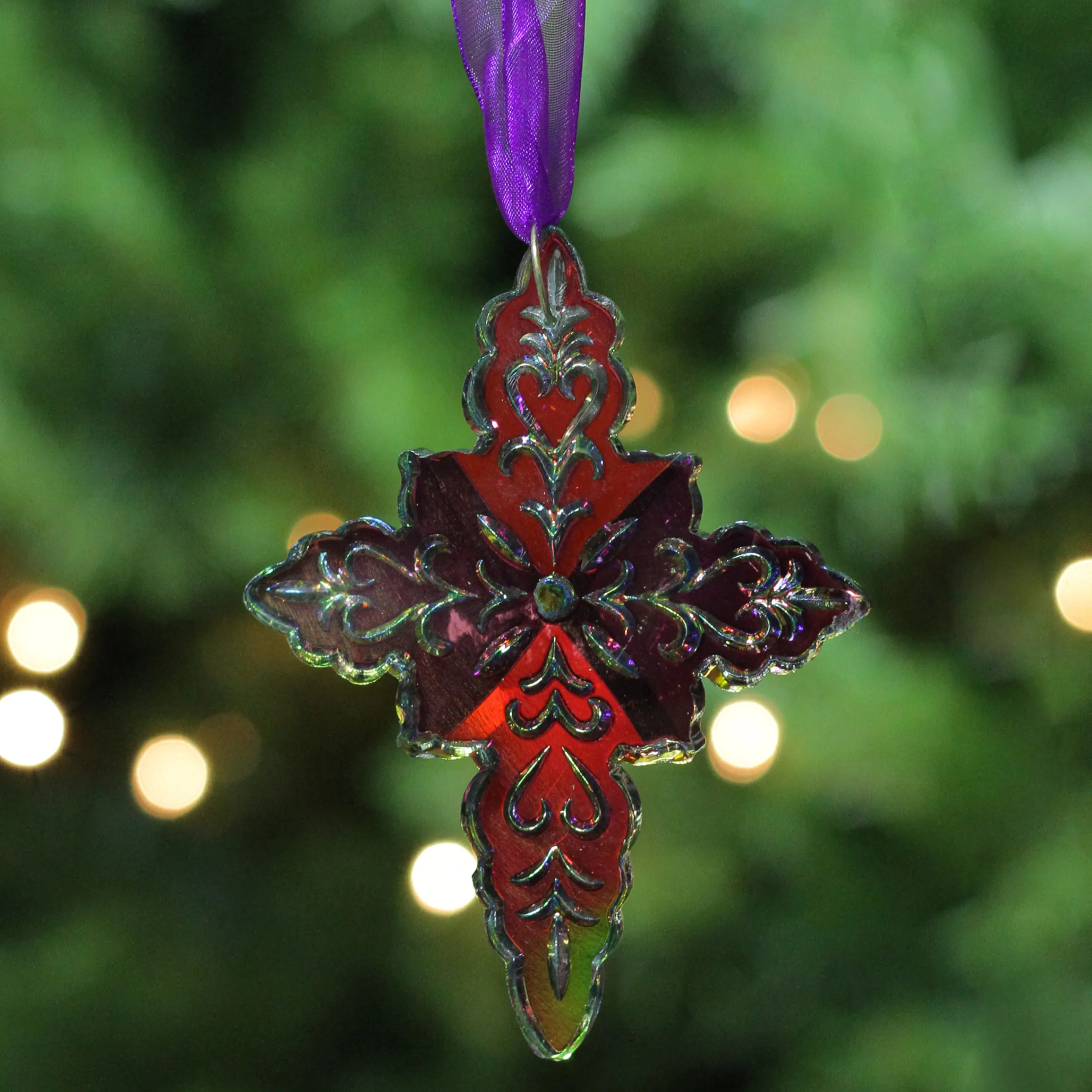 Roman Nativity & Religious>4.75" Vibrantly Colored Fumed Etched Glass Cross Christmas Ornament