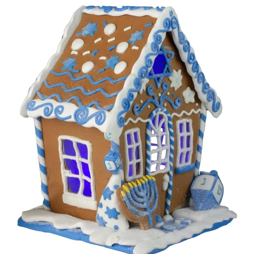 Kurt Adler 8" White And Blue Festive Hanukkah Gingerbread Led House Tabletop Decor