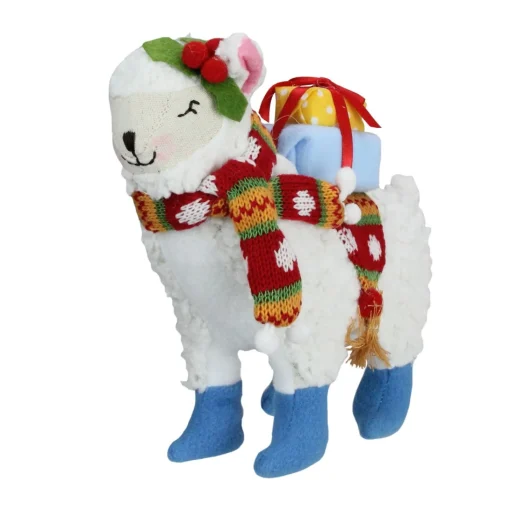 Plush Figures*Raz 8.5" White And Blue Plush Llama With Holly Plant Christmas Tabletop Figure
