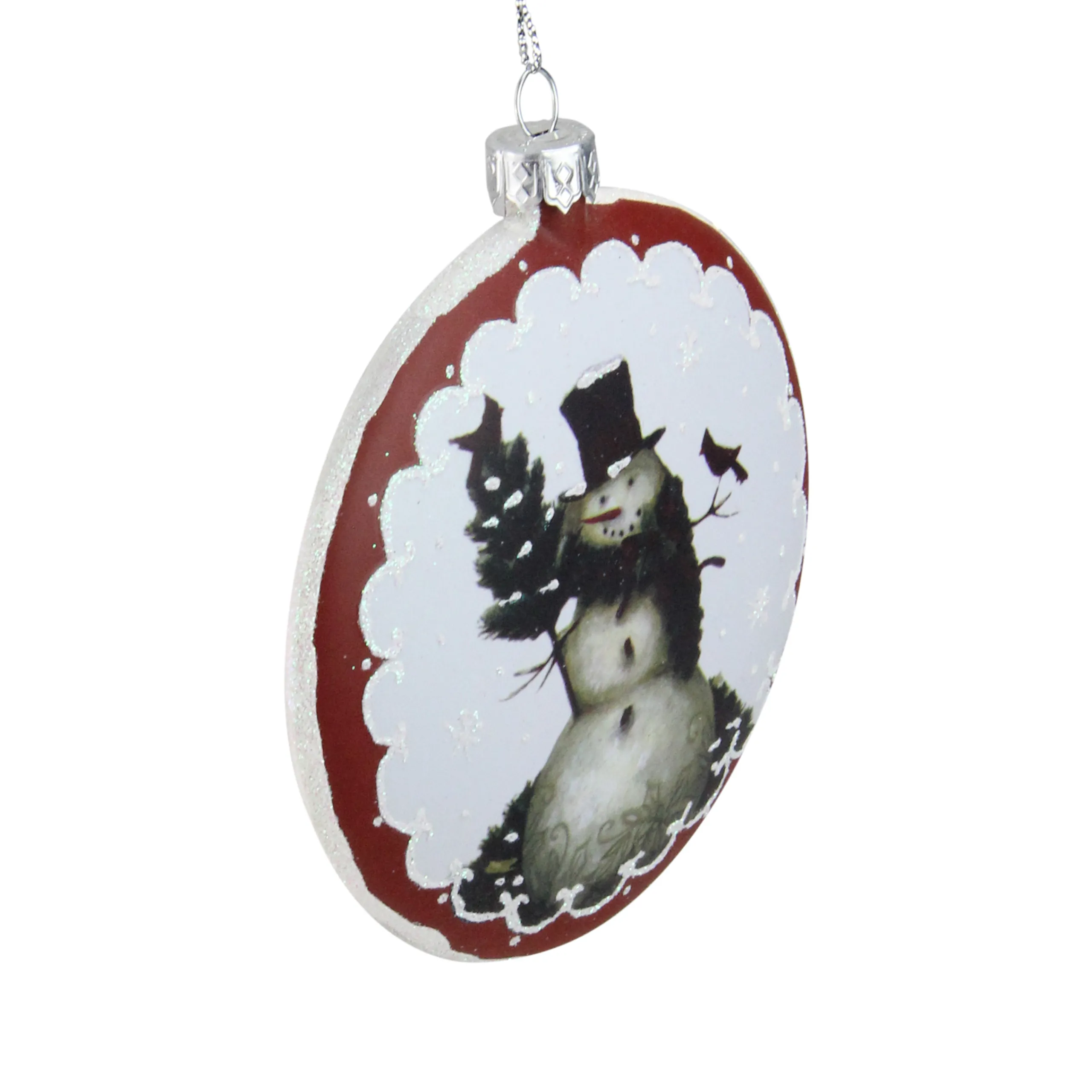 Roman Snowmen>5" White And Burgundy Snowman With Cardinals Glittered Christmas Tree Ornament