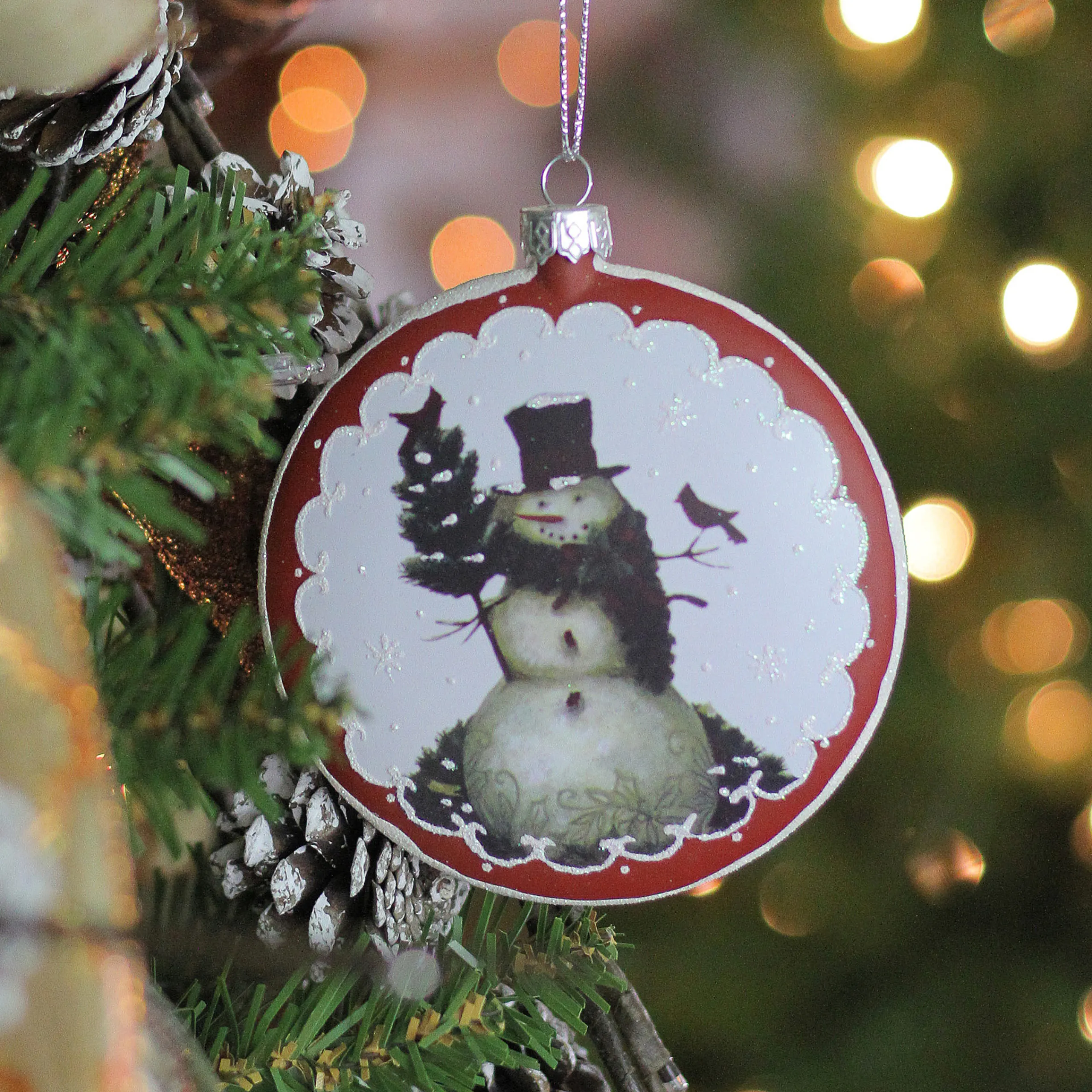 Roman Snowmen>5" White And Burgundy Snowman With Cardinals Glittered Christmas Tree Ornament