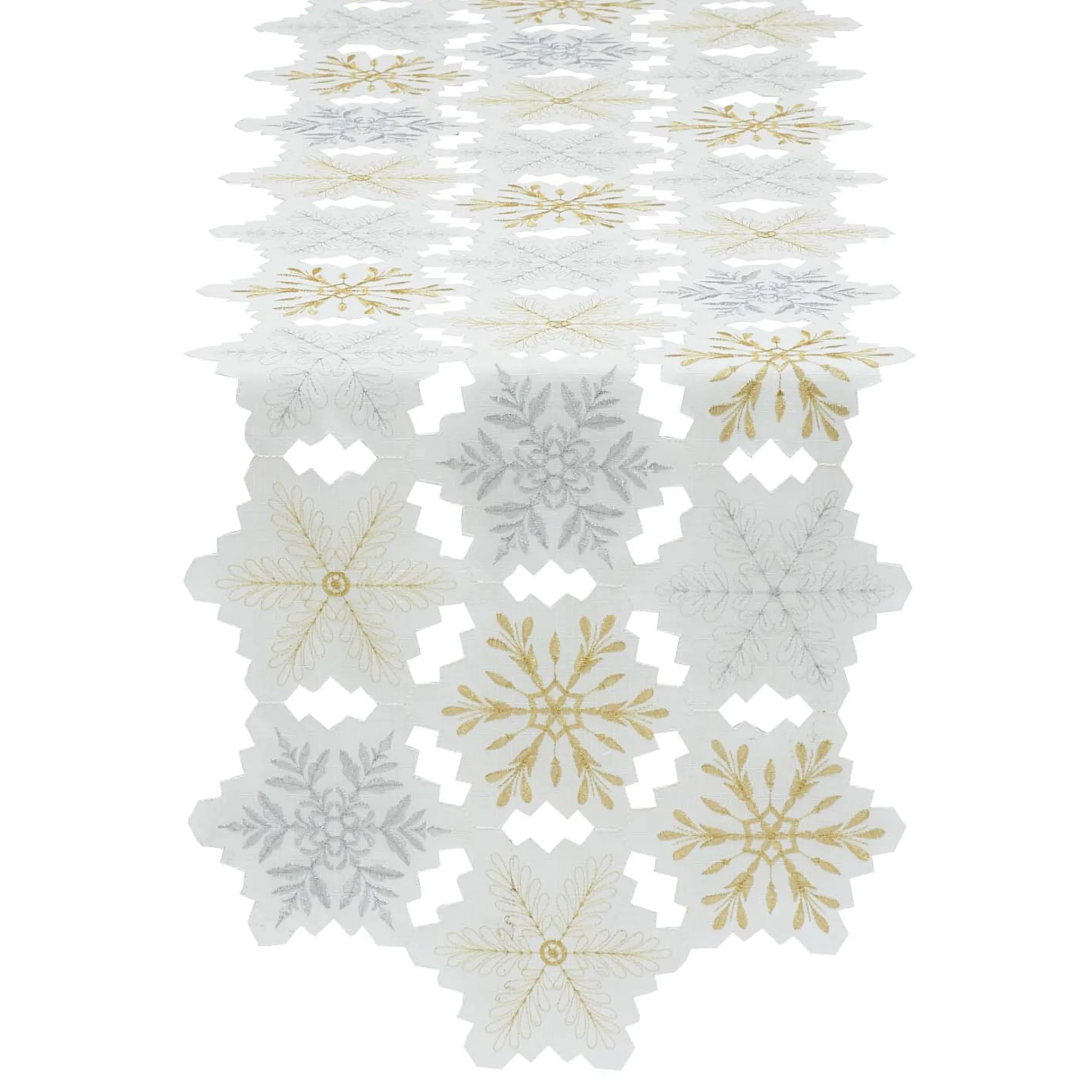 Contemporary Home Living 54" White And Gold Colored Embellished Snowflakes Table Runner