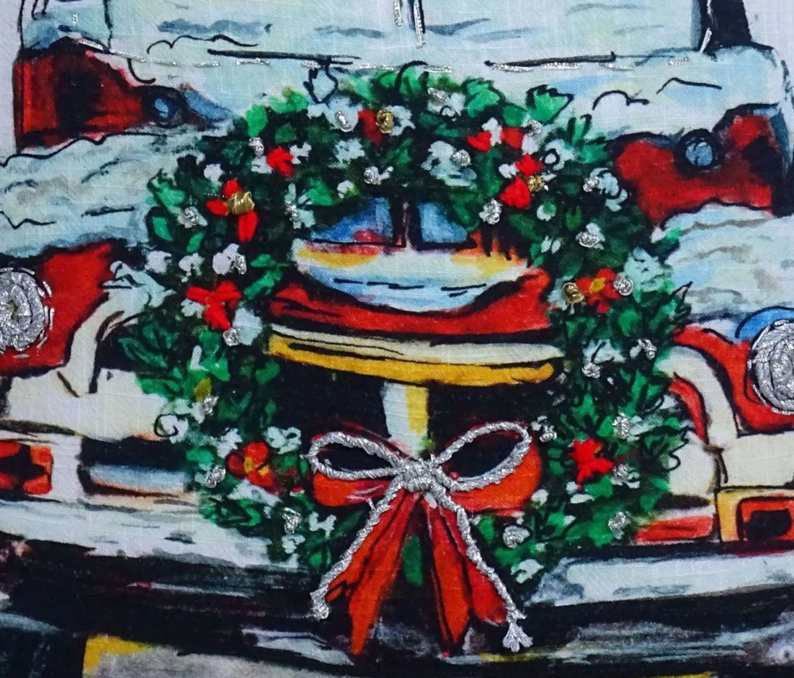 Pillows & Throws*Contemporary Home Living 18" White And Green Christmas Holiday Car Hand Illustrated Throw Pillow