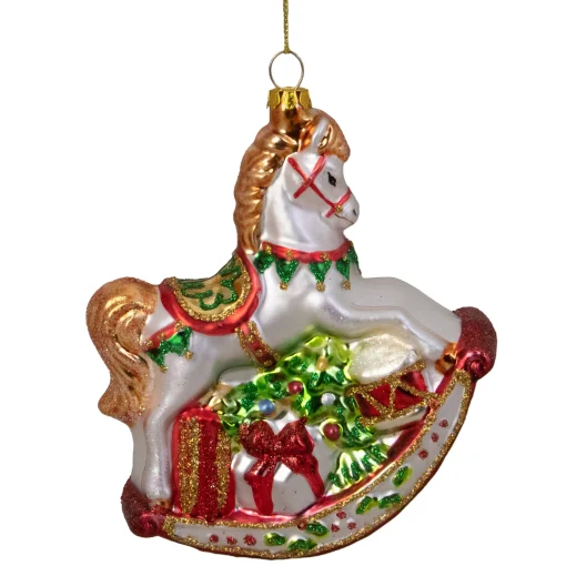 Northlight Animals>5" White And Red Rocking Horse With Gifts Glass Christmas Ornament