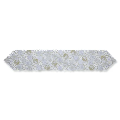 Linens*CC Home Furnishings 68" White And Silver Embroidered Christmas Ornaments Table Runner