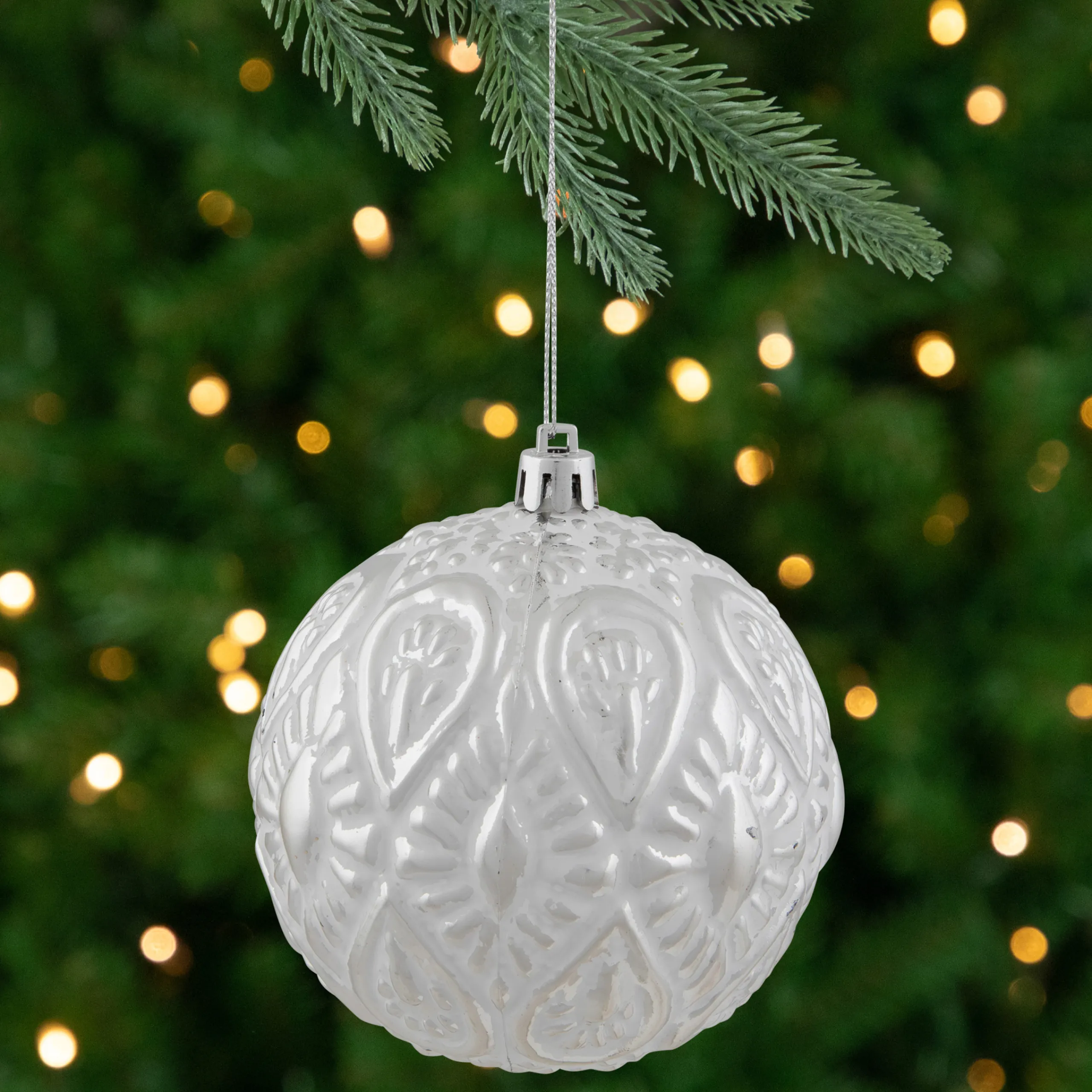 Northlight Balls>3.5" White And Silver Floral Distressed Christmas Ball Ornament