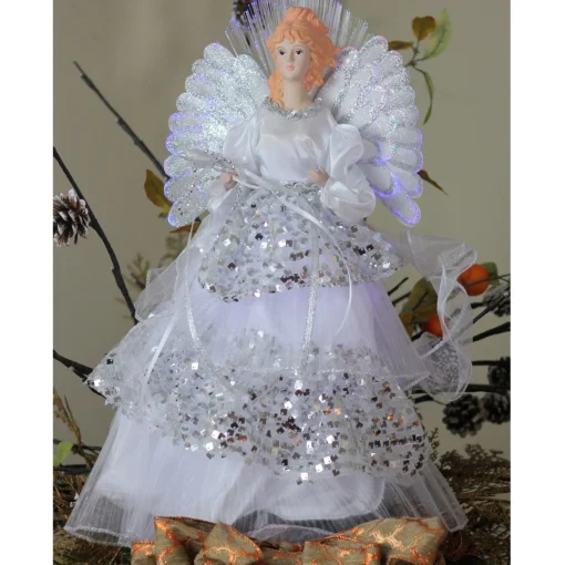 Angel Tree Toppers*Northlight 16" White And Silver Lighted Fiber Optic Angel Sequined Gown Christmas Tree Topper