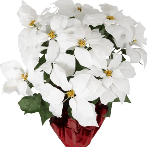 Floral*Northlight 22" White Artificial Christmas Poinsettia With Red Wrapped Pot
