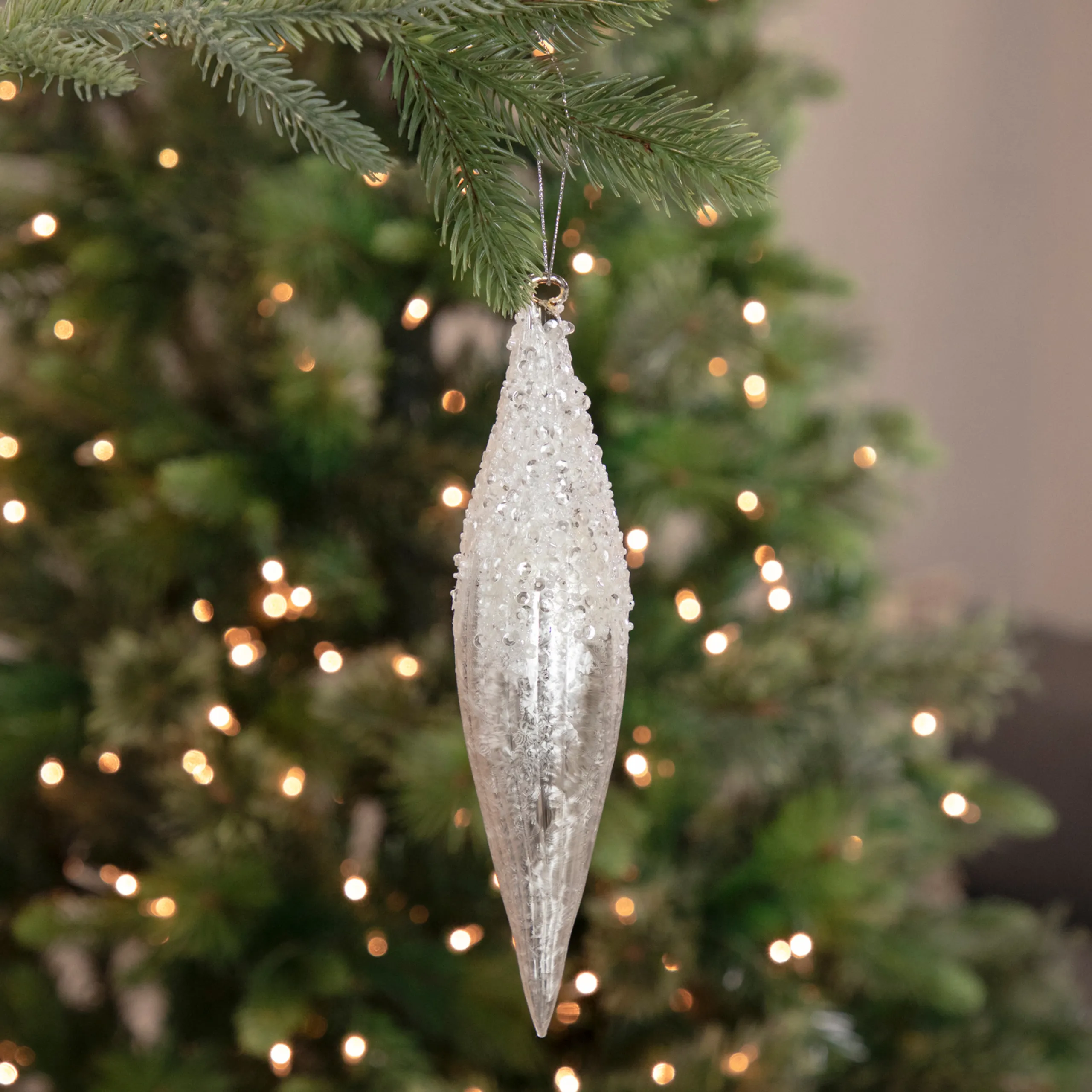 Northlight Finials>9.5" White Beaded Glitter Finial Glass Christmas Ornament