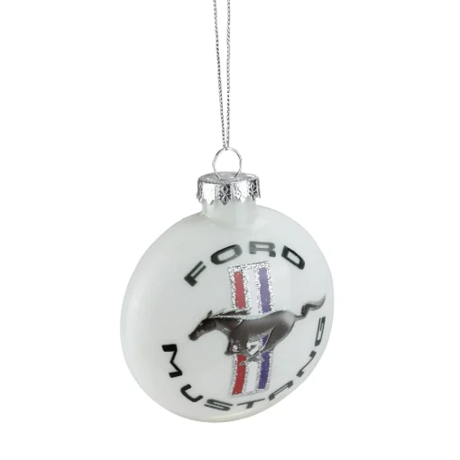 Northlight Transportation>3.5" White Ford Mustang Logo Collectible Glass Christmas Disc Ornament