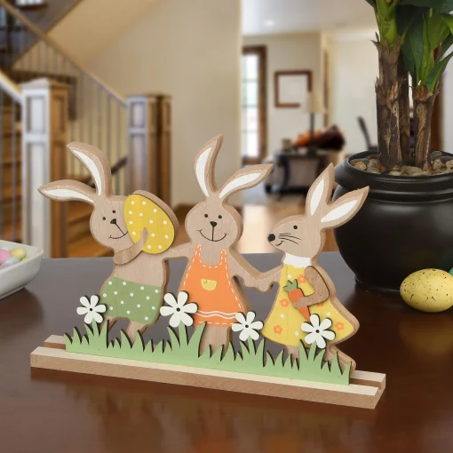 National Tree Company 12" Wooden Rabbit Trio Easter Tabletop Decoration