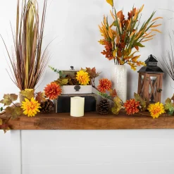 Northlight 5.5' X 6" Autumn Harvest Orange And Yellow Mums With Maple Leaves Garland - Unlit