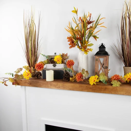 Northlight 5.5' X 6" Autumn Harvest Orange And Yellow Mums With Maple Leaves Garland - Unlit