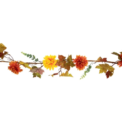 Northlight 5.5' X 6" Autumn Harvest Orange And Yellow Mums With Maple Leaves Garland - Unlit