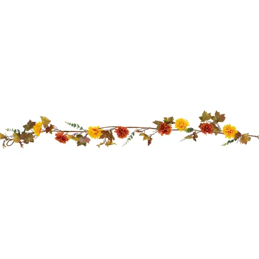 Northlight 5.5' X 6" Autumn Harvest Orange And Yellow Mums With Maple Leaves Garland - Unlit