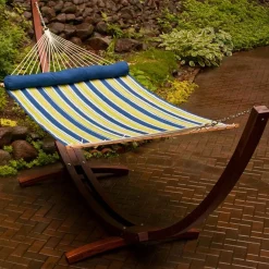 The Hamptons Collection 82" X 55" Blue Aarondace Ocean Striped Reversible Quilted Hammock With Pillow