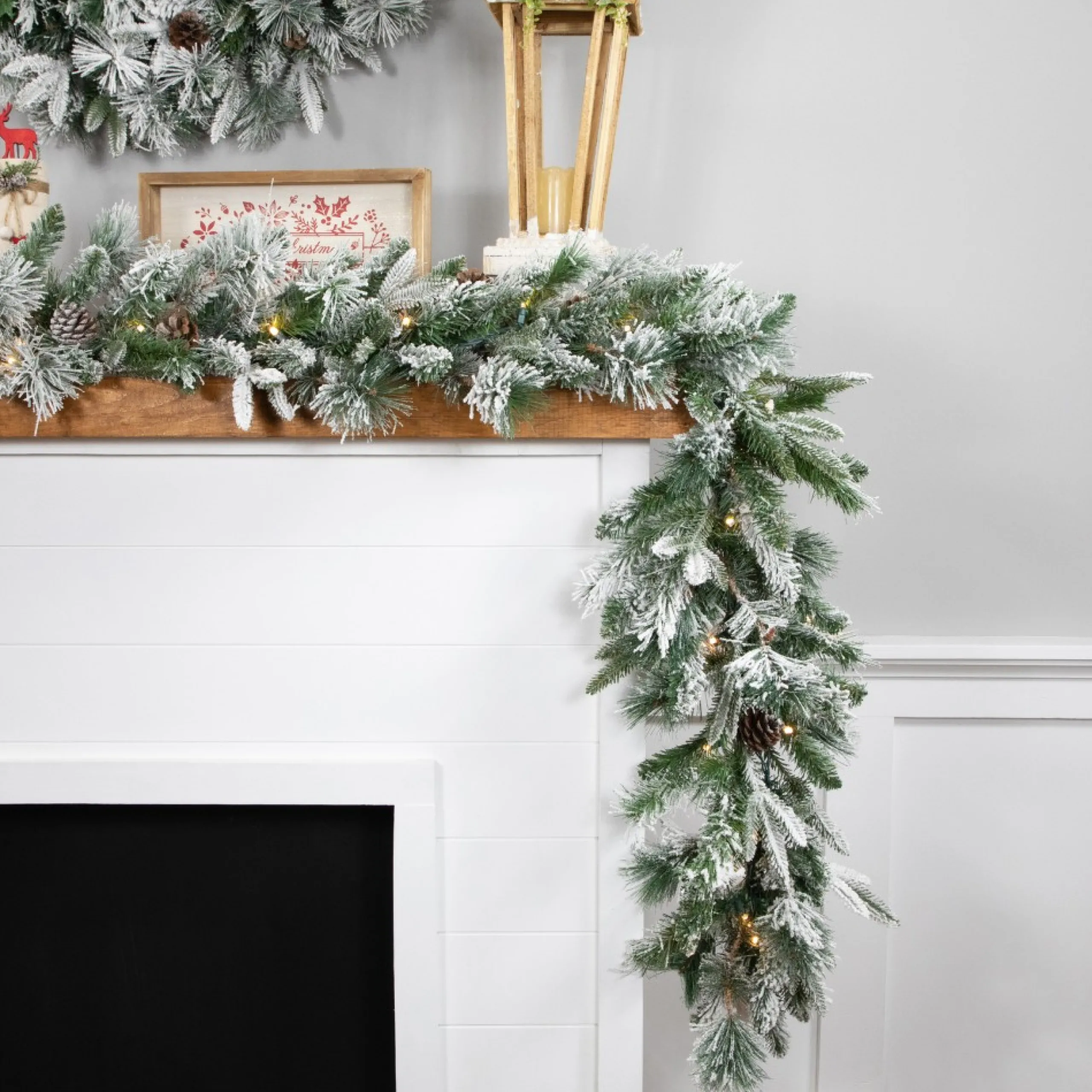 Pre-Lit Garland*Northlight 9' X 14" Pre-Lit Flocked Mixed Rosemary Emerald Pine Artificial Christmas Garland - Clear Led Lights