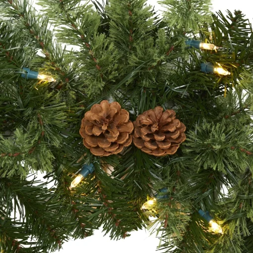 Traditional Pine Garland*Nearly Natural 6' X 10" Pre-Lit Pinecone Artificial Christmas Garland, Clear Led Lights