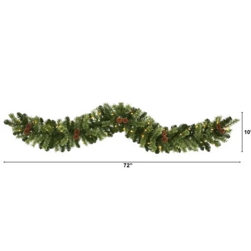 Traditional Pine Garland*Nearly Natural 6' X 10" Pre-Lit Pinecone Artificial Christmas Garland, Clear Led Lights