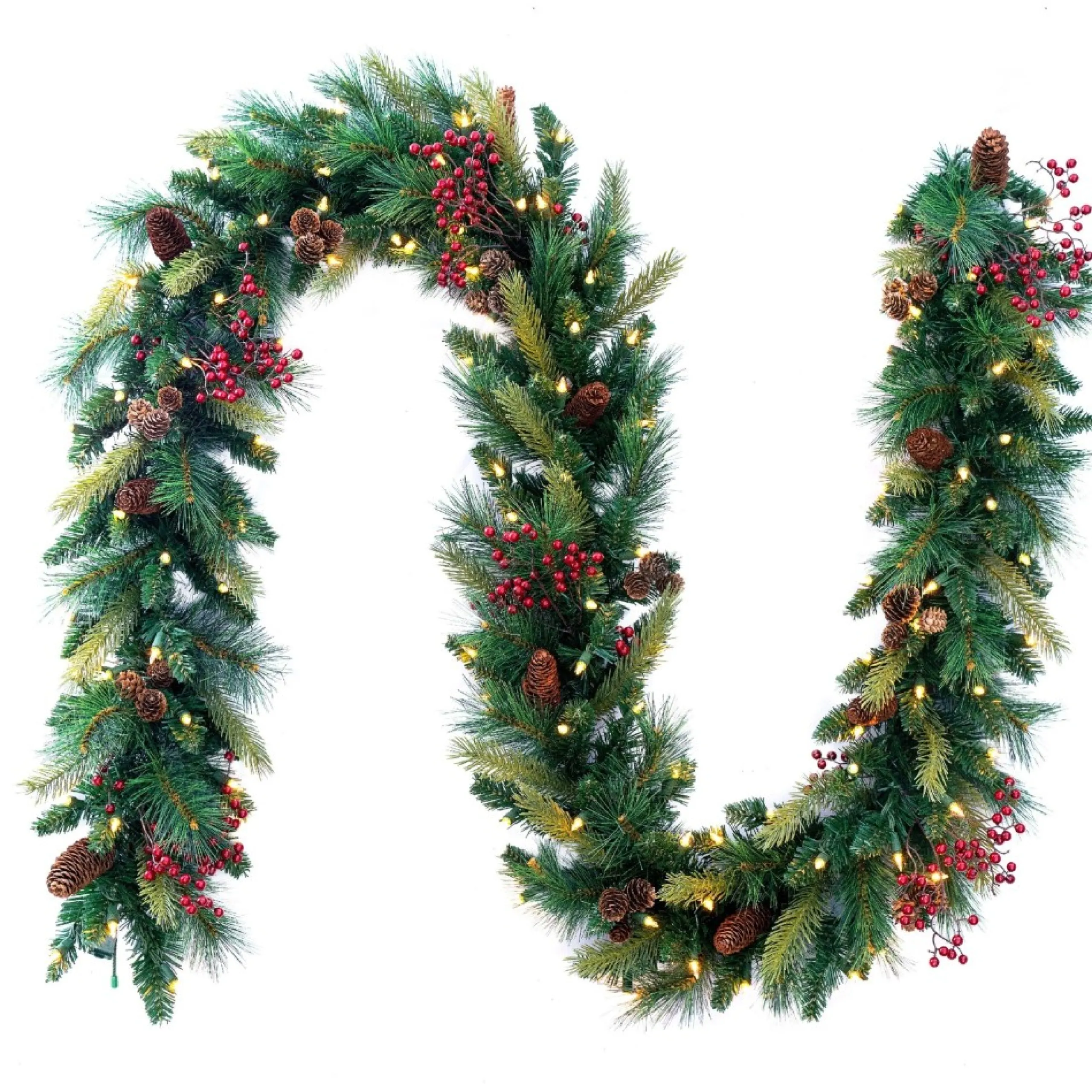 Traditional Pine Garland*Celestial Lights 9' X 12" Pre-Lit Woodland Berry Artificial Christmas Garland, Clear Lights
