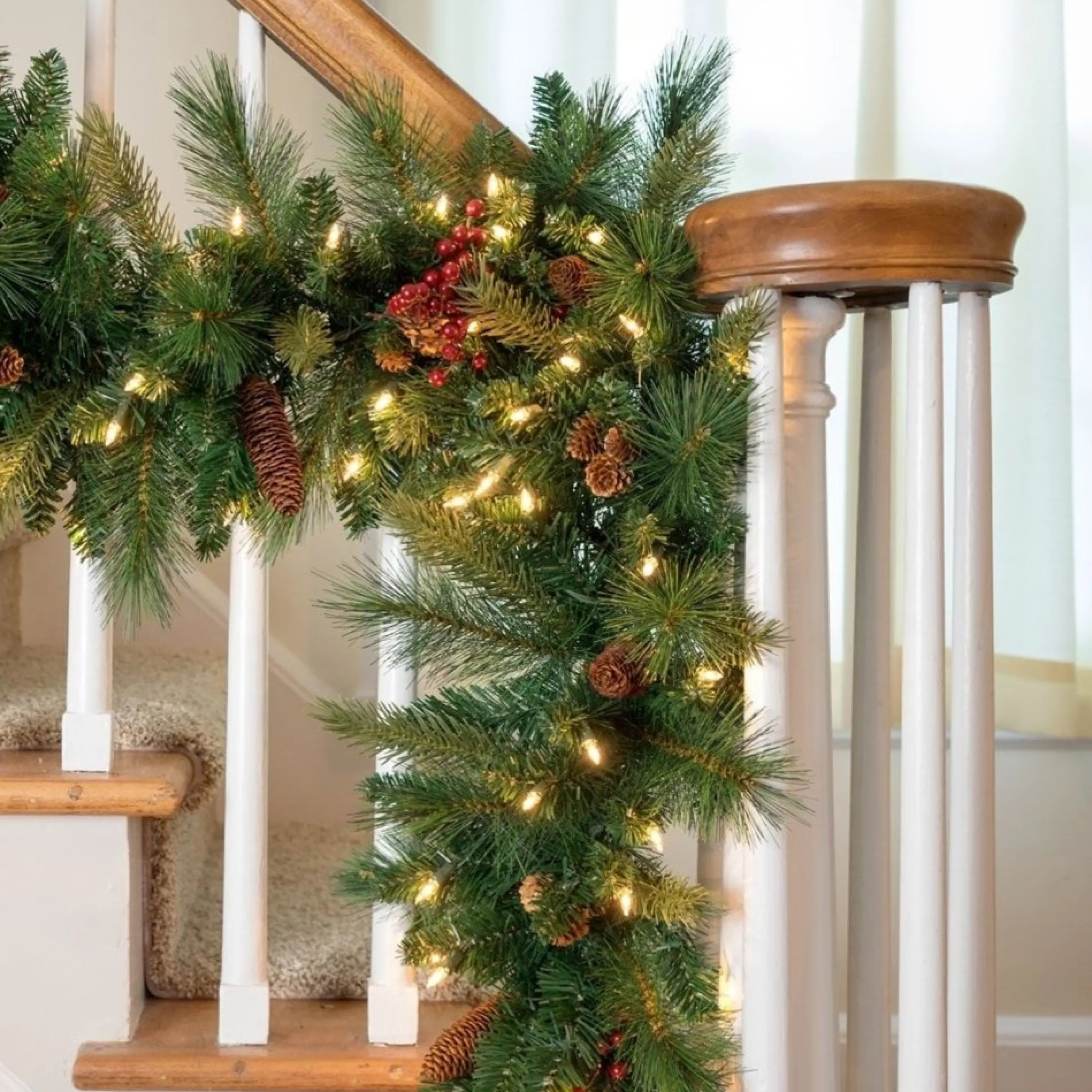 Traditional Pine Garland*Celestial Lights 9' X 12" Pre-Lit Woodland Berry Artificial Christmas Garland, Clear Lights