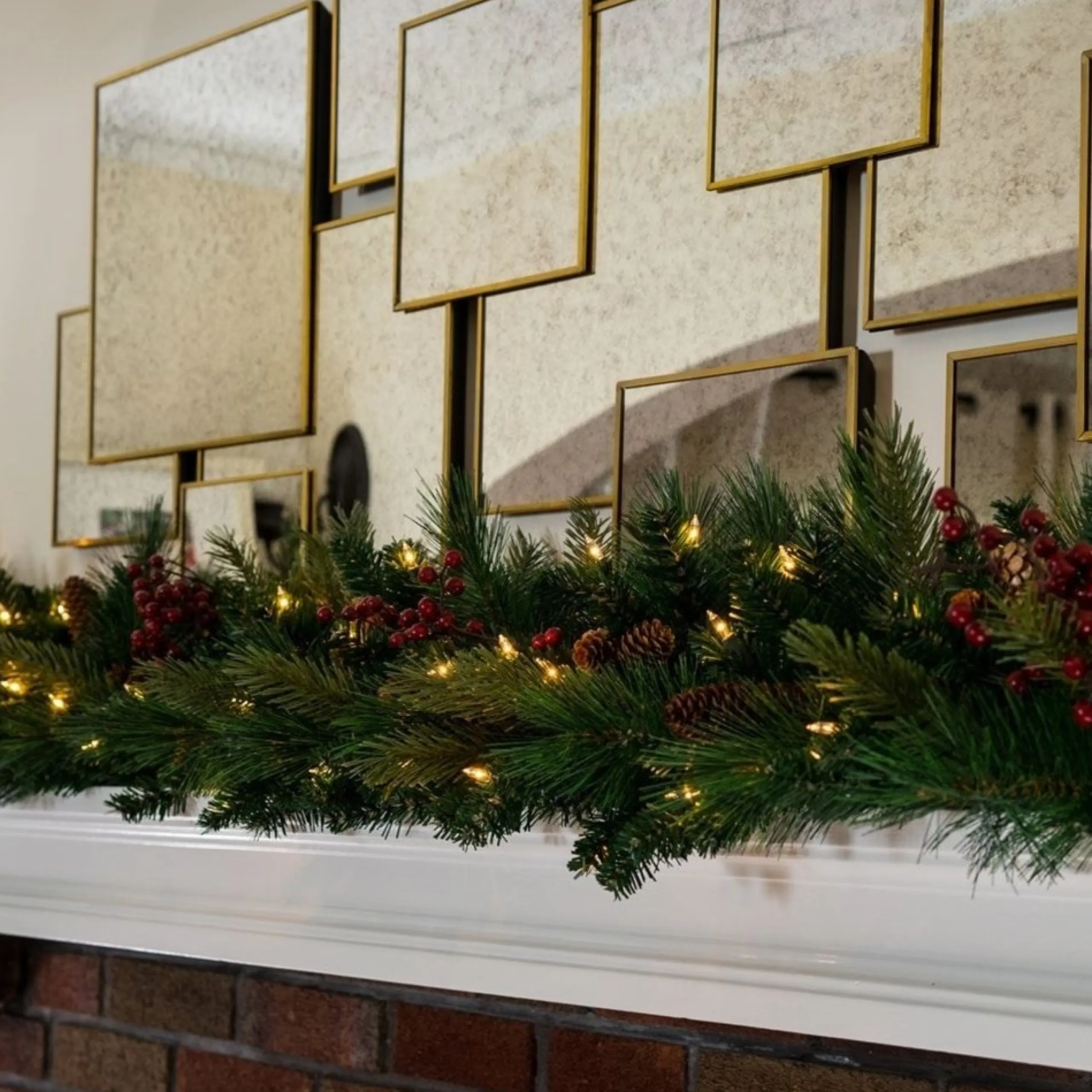 Traditional Pine Garland*Celestial Lights 9' X 12" Pre-Lit Woodland Berry Artificial Christmas Garland, Clear Lights