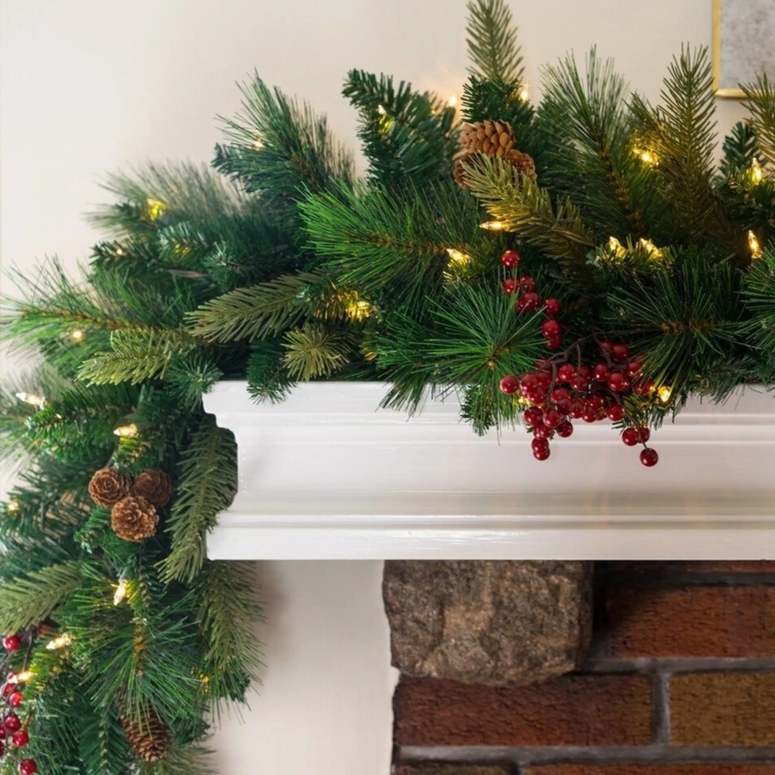 Traditional Pine Garland*Celestial Lights 9' X 12" Pre-Lit Woodland Berry Artificial Christmas Garland, Clear Lights