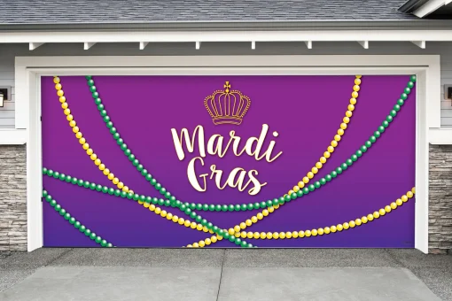 Showdown Displays 7' X 16' Purple And Green Beaded Mardi Gras Double Car Garage Door Banner